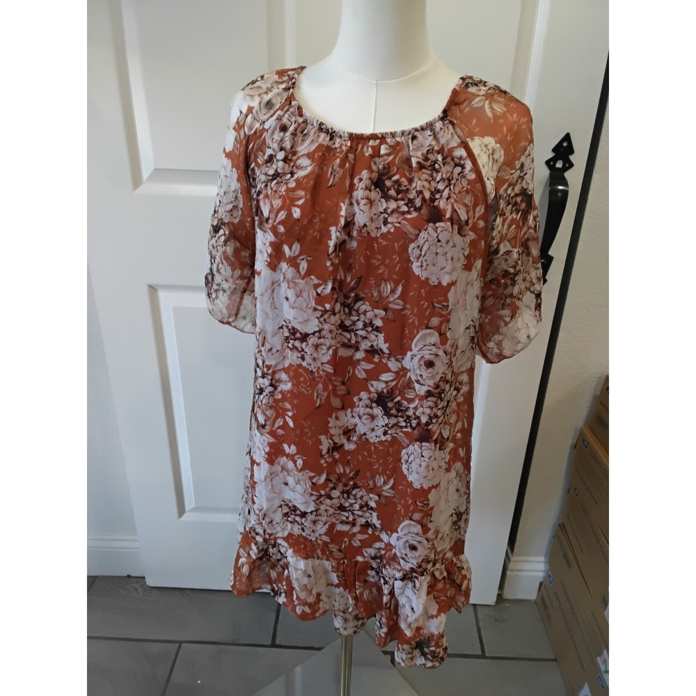 Elena Baldi Made in Italy Floral Silk Blend Ruffle Shift Dress Rust Orange Small